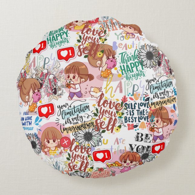 Cojín Redondo Cute Motivational – Positive Quote Kawaii  (Reverso)