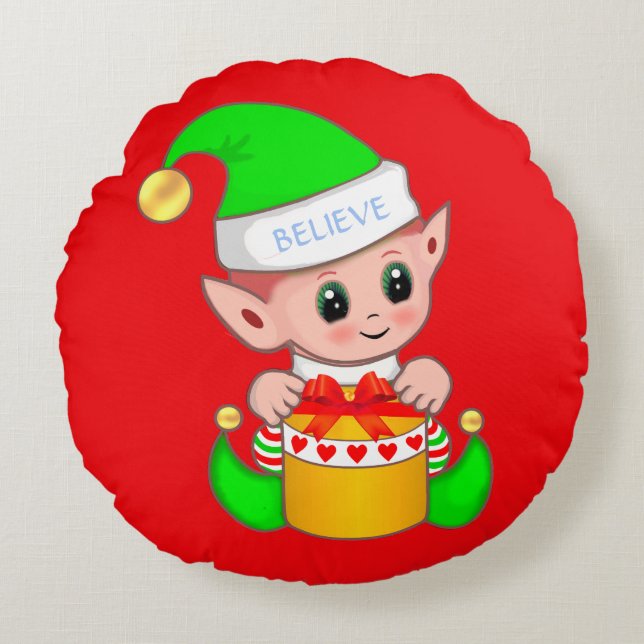 Cojín Redondo Cute Navidad Bebé Elfo en Rojo (Anverso)