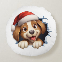 Cojín Redondo Cute Navidades Perro a través de la pared ilustrad