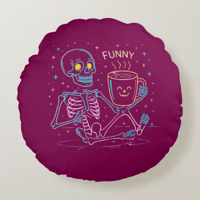 Cojín Redondo Cute Neon Skeleton Drinking Coffee – Funny Pastel  (Anverso)