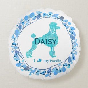 Cojín Redondo Cute Pastel Azul Poodle Nombre y Foto Personaliz