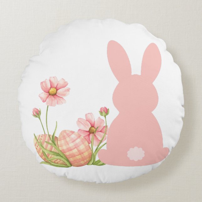 Cojín Redondo Cute Pink Easter Bunny with Spring Flowers  (Anverso)