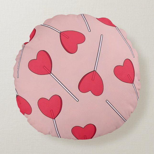 Cojín Redondo Cute Pink Heart Lollipops Seamless Pattern (Anverso)