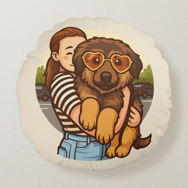 Cojín Redondo Cute Puppy with Heart Sunglasses  (Anverso)