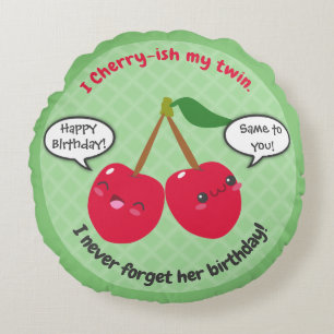 Cojín Redondo Cute Red Cherry Kawaii Gemelos Cumpleaños