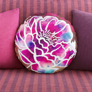 Cojín Redondo Cute rosa Dahlia Girly Bonito Floral acuarela