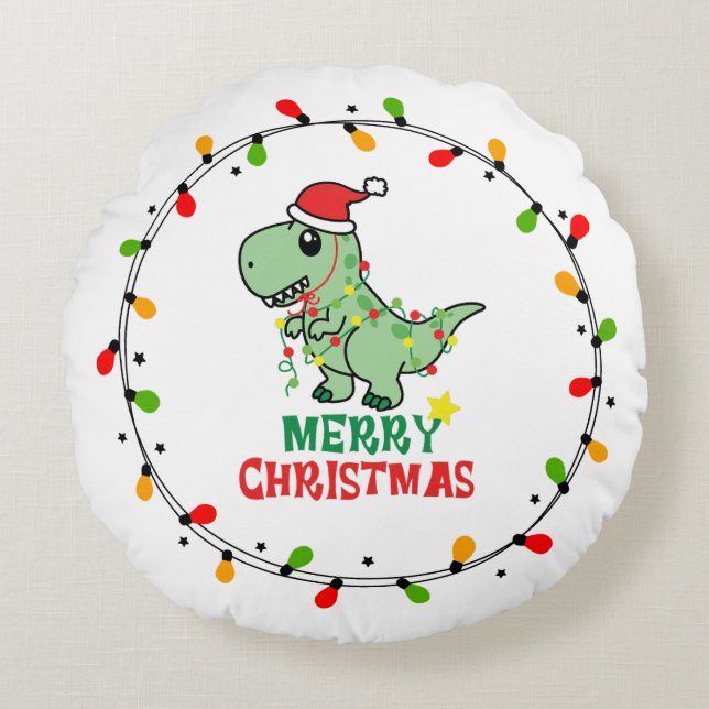 Cojín Redondo Cute Santa Dino Merry Christmas (Anverso)
