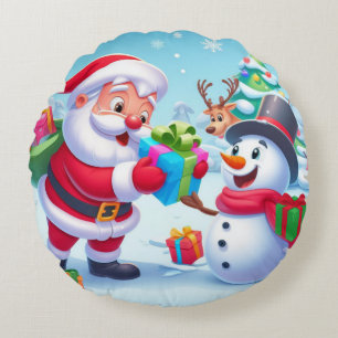 Cojín Redondo Cute Santa y Snowman