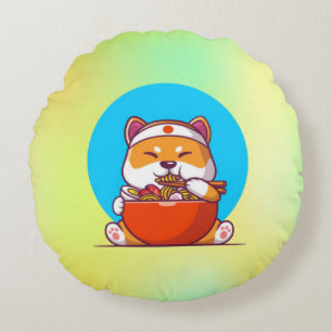 Cojín Redondo Cute Shiba Inu comiendo fideos Ramen Personalizado