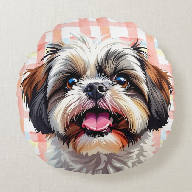 Cojín Redondo Cute Shih Tzu Pink Plaid (Anverso)