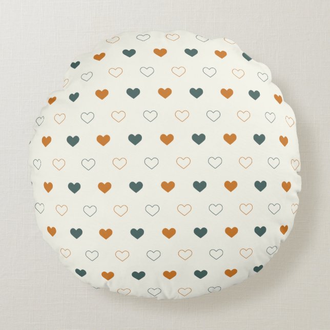 Cojín Redondo Cute Simple Heart Pattern Naranja Crema Verde (Anverso)