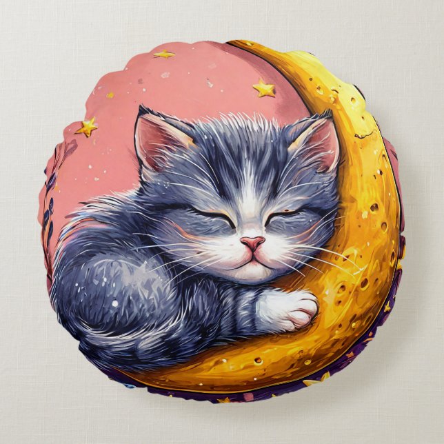 Cojín Redondo Cute sleeping cat resting on a crescent moon (Anverso)