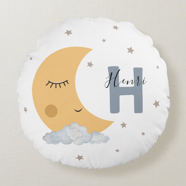 Cojín Redondo Cute Sleeping Moon Baby Room Pillow Name Initial (Anverso)