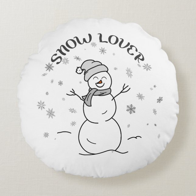 Cojín Redondo Cute Snowman SNOW LOVER Text Snowflakes Fun White  (Anverso)
