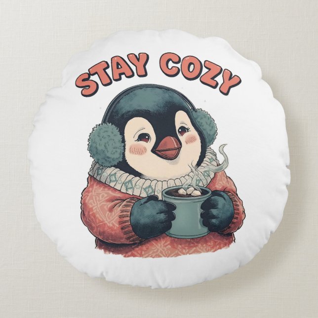Cojín Redondo Cute Stay Cozy Penguin Drinking Hot Cocoa Hat (Anverso)