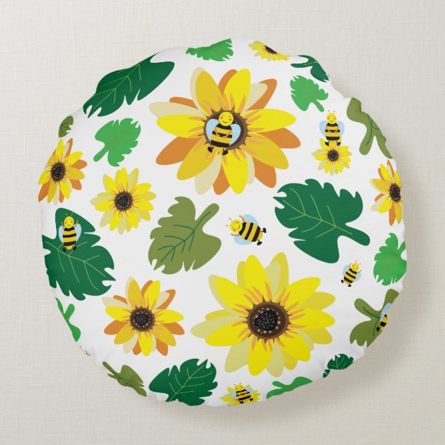Cojín Redondo Cute Sunflower Bee (Reverso)