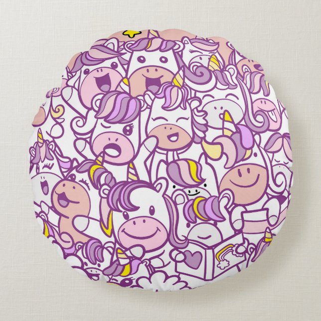 Cojín Redondo Cute Unicorn Pony: Colección Magic Doodle (Anverso)