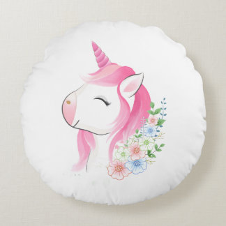 Cojín Redondo Cute Unicornio de bebé en acuarela personalizado N