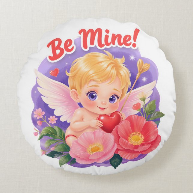 Cojín Redondo Cute Valentine's Day Cupid with "Be Mine" (Anverso)