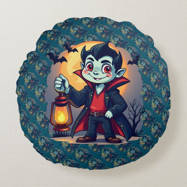 Cojín Redondo Cute Vampire with Lantern Kawaii Halloween (Anverso)