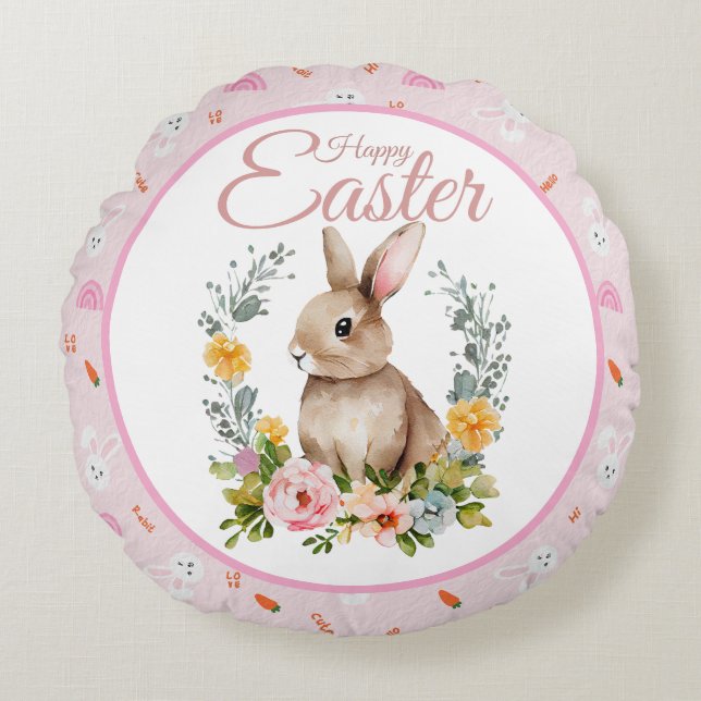 Cojín Redondo Cute Watercolor Bunny Floral Wreath Easter (Anverso)
