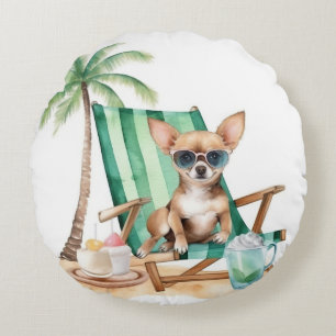 COJÍN REDONDO CUTE WATERCOLOR CHIHUAHUA PERRO EN LA PLAYA