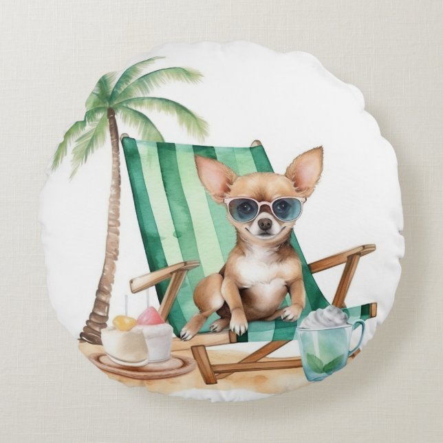 COJÍN REDONDO CUTE WATERCOLOR CHIHUAHUA PERRO EN LA PLAYA (Anverso)