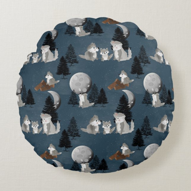 Cojín Redondo Cute Wolf Pack Woodland Night Kids Bedroom (Anverso)