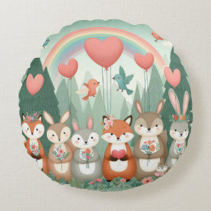 Cojín Redondo Cute Woodland Creature rainbow valentine
