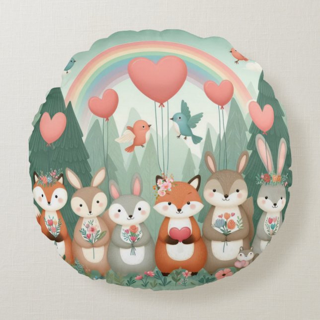Cojín Redondo Cute Woodland Creature rainbow valentine (Anverso)