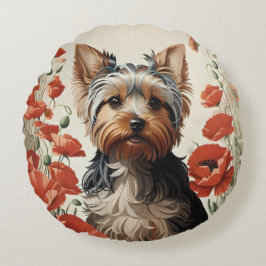 Cojín Redondo Cute Yorkshire Terrier Botaner Red Poppies