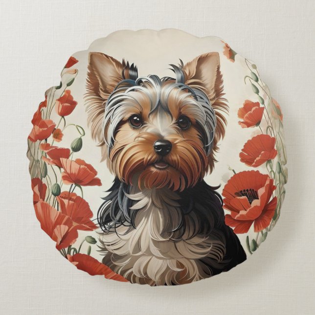 Cojín Redondo Cute Yorkshire Terrier Botaner Red Poppies (Anverso)