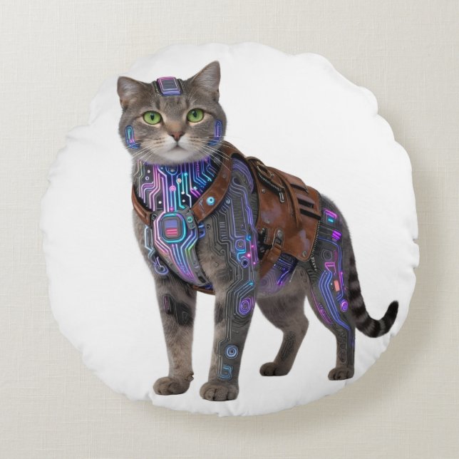 Cojín Redondo Cyberpunk Circuit Cat – Neon Tech Beast (Anverso)