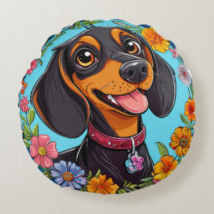 Cojín Redondo Dachshund Alegre Rodeado de Flores Coloridas