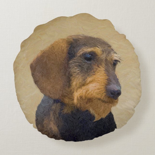 Cojín Redondo Dachshund (Cabezal alambrada) Pintura original de  (Reverso)