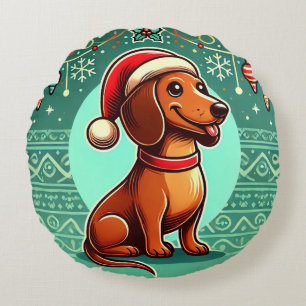 Cojín Redondo Dachshund festivo con sombrero de Santa