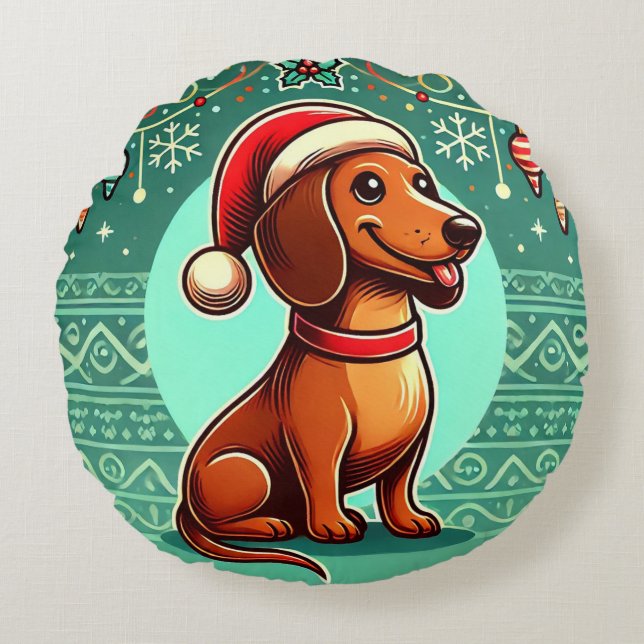 Cojín Redondo Dachshund festivo usando Santa Hat (Anverso)