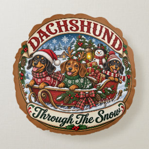Cojín Redondo Dachshunds a Través de la Nieve Navidad Festiva