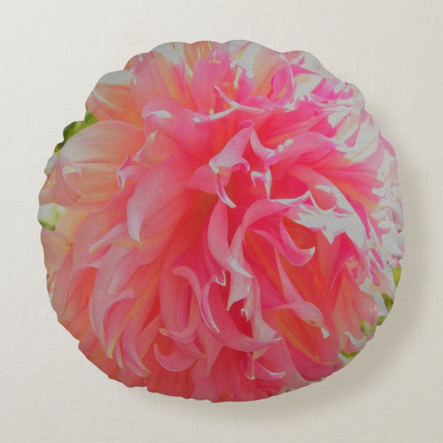 Cojín Redondo Dahlia decorativa elegante de coral y rosa (Anverso)