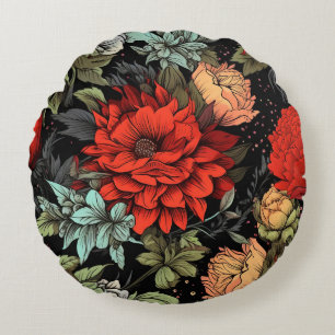 Cojín Redondo Dahlia Floral Roja Maximalista de la Academia Oscu