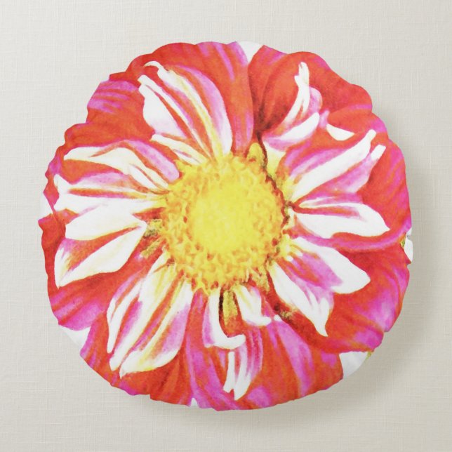 Cojín Redondo Dahlia roja, arte digital (Anverso)