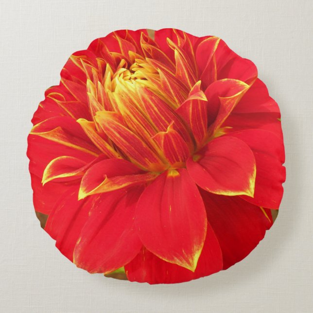Cojín Redondo Dahlia roja en llamas (Anverso)