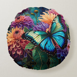 Cojín Redondo Dahlias Y Mariposa Verde Irlandesa