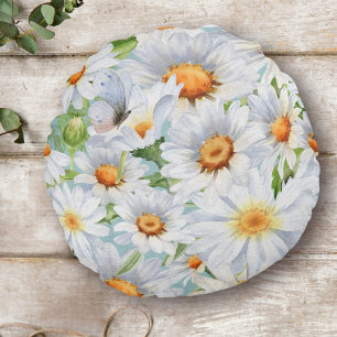 Cojín Redondo Daisias de color de agua vintage y patrón de marip