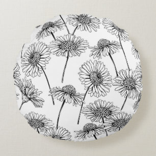 Cojín Redondo Daisies, flores silvestres en blanco y negro