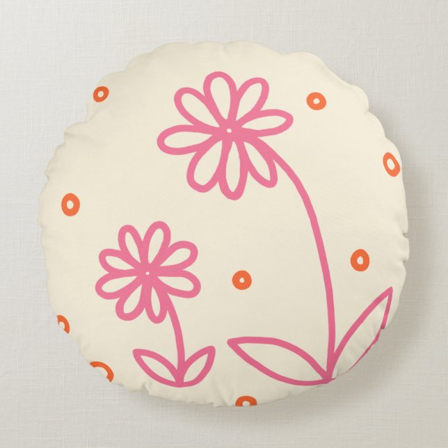 Cojín Redondo Daisies y puntos 2 - rosa, Naranja y crema (Anverso)