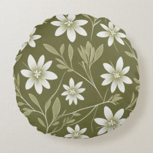 Cojín Redondo Daisitas blancas tropicales en verde oliva elegant