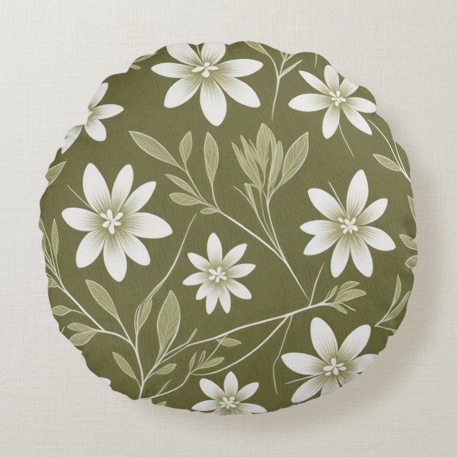 Cojín Redondo Daisitas blancas tropicales en verde oliva elegant (Anverso)