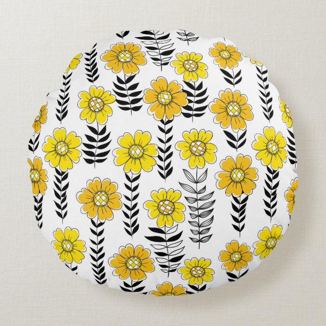 Cojín Redondo Daisy doodles en amarillo y negro (Anverso)