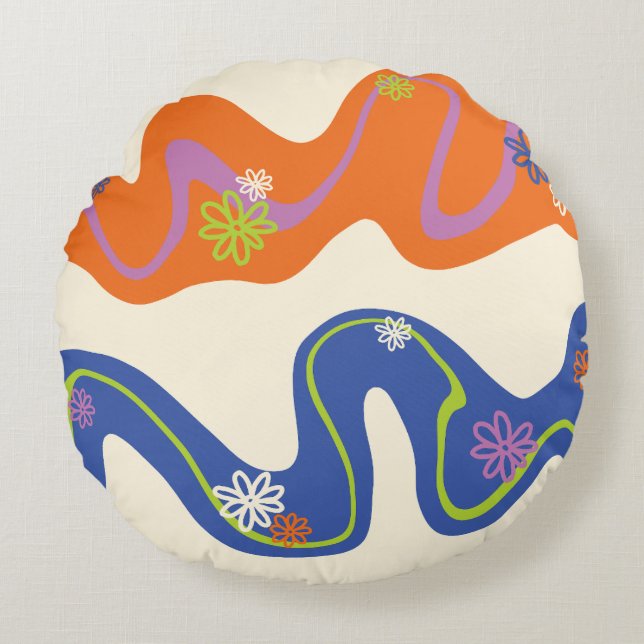 Cojín Redondo Daisy Groove Azul, Naranja, Púrpura, Verde y Crema (Anverso)